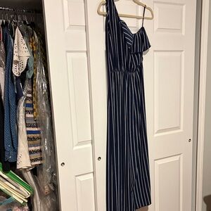 Long Navy Striped One-Shoulder Dress